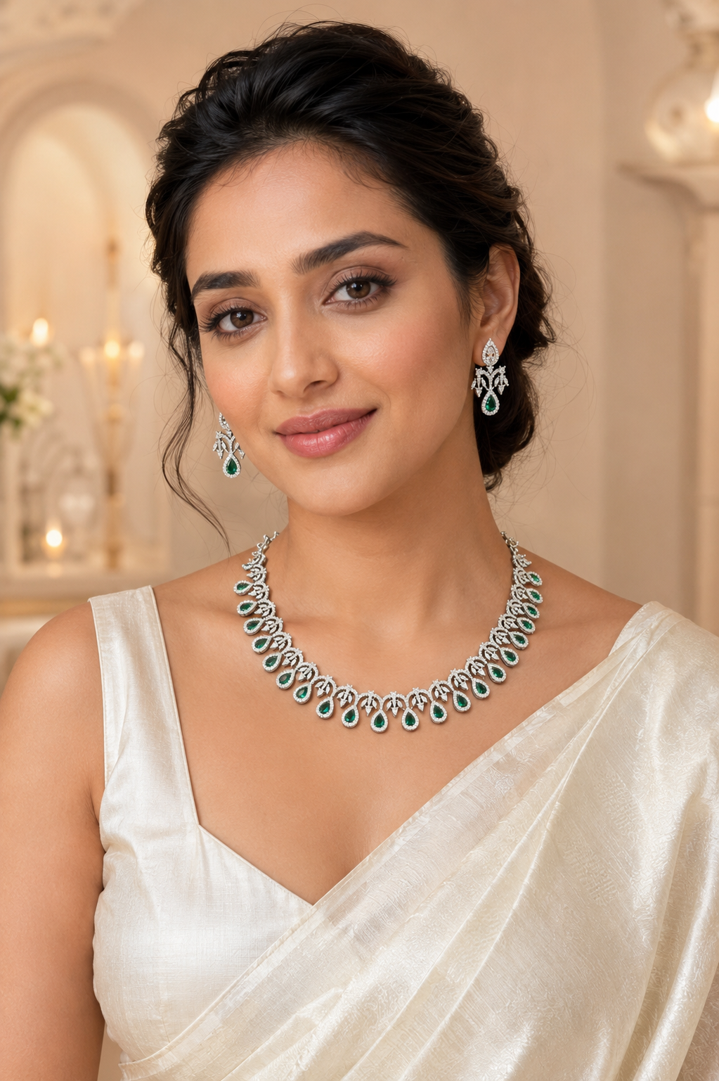 Silver Finish CZ Necklace set with Emerald Stones