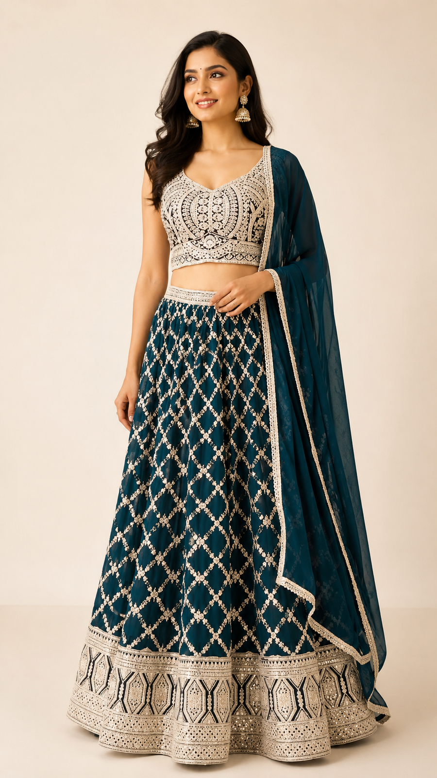 Plus Size Georgette Teal Blue Lehenga Set with Heavy Embroidery
