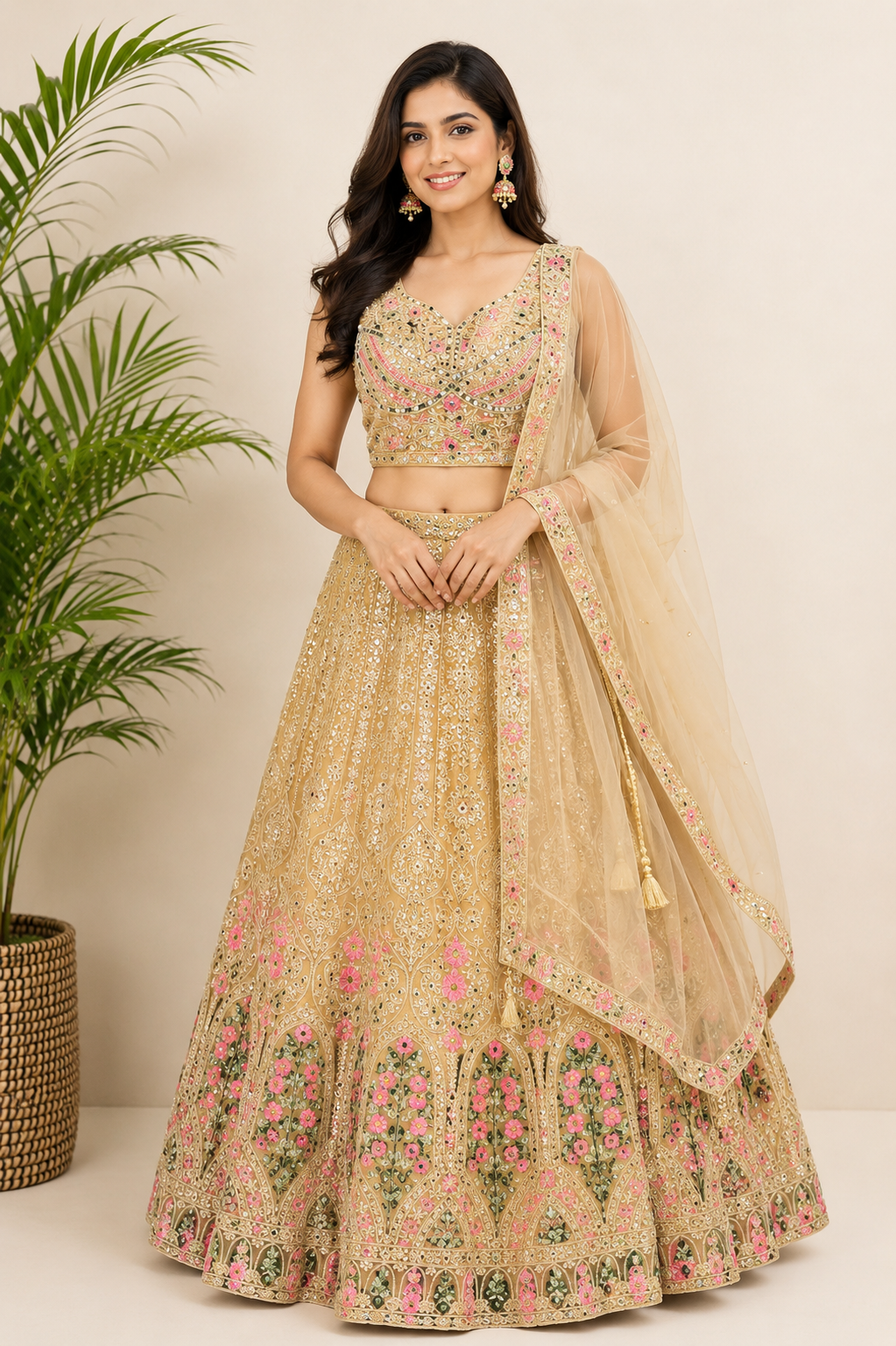 Plus Size Heavy Work Light Gold Lehenga Set Net Fabric