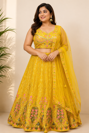 Plus Size Heavy Work Yellow Lehenga Set Net Fabric