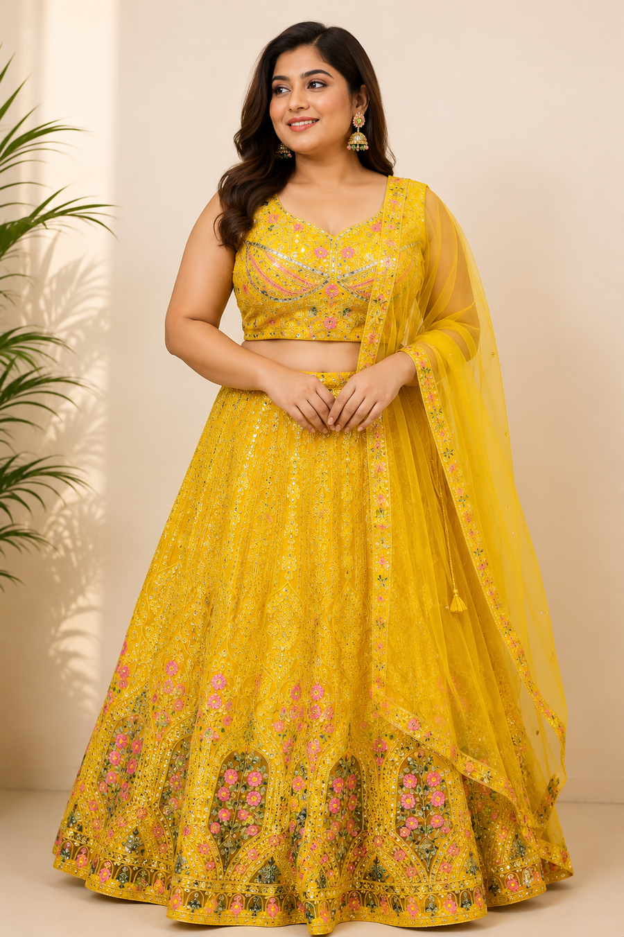 Plus Size Heavy Work Yellow Lehenga Set Net Fabric