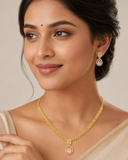 Micro Gold Polish CZ Necklace Set with Baby Pink Stone