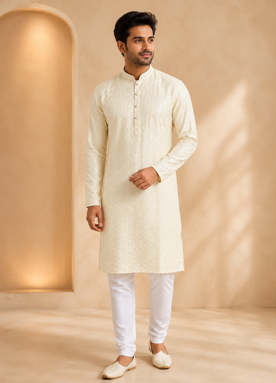 Plus Size Half White Rayon Chikankari Men’s wear Kurta set