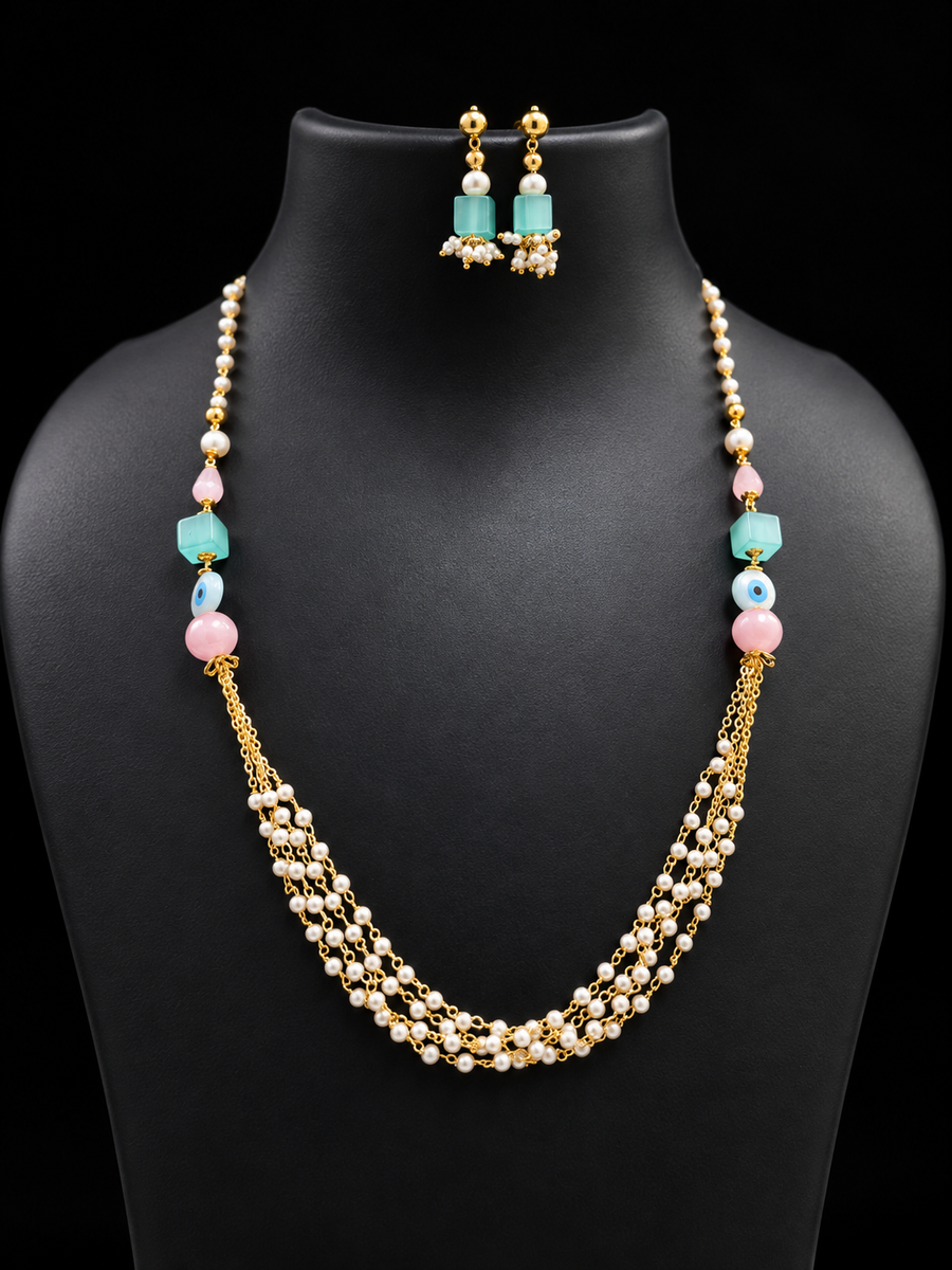 Pastel beads Mala set with Evil Eye Necklace Set