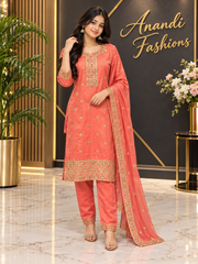 Teenage Girls’’ Peach Embroidered Kurti Set