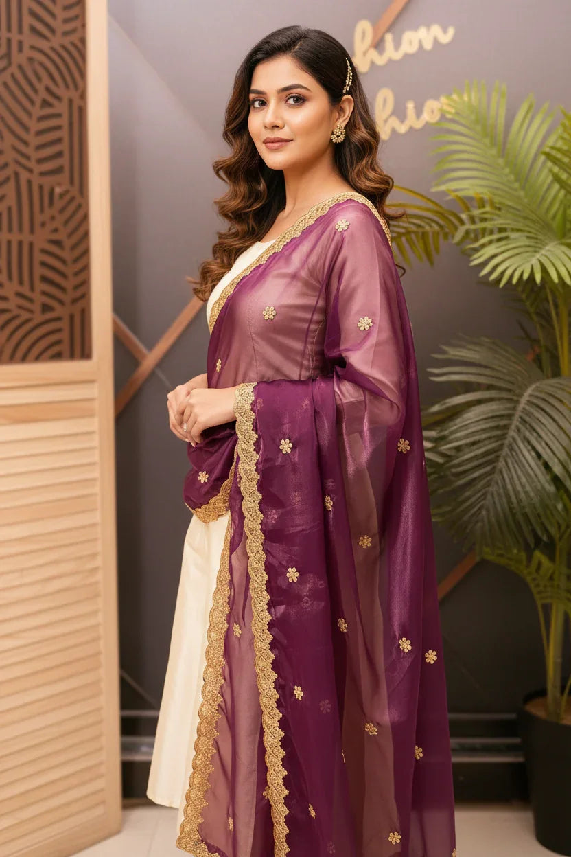 Satin Silk Dupattas with Gold Zari Work