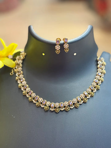 Antique Finish Purple Necklace Set with Chain & Earrings
