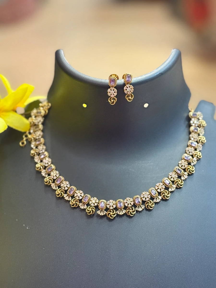Antique Finish Purple Necklace Set with Chain & Earrings