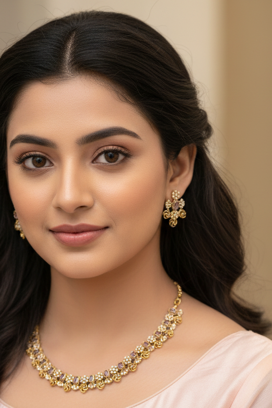 Close-up of woman wearing intricate gold and pink gemstone necklace and matching earrings, showcasing Indian ethnic jewelry