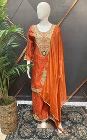 Rust Color Party Wear Shimmery Palazzo Set - Embroidery Work