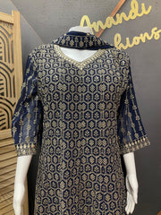 Royal Blue Heavy Work Georgette Anarkali Kurti Set Size 44 - Gold Zari Party Wear