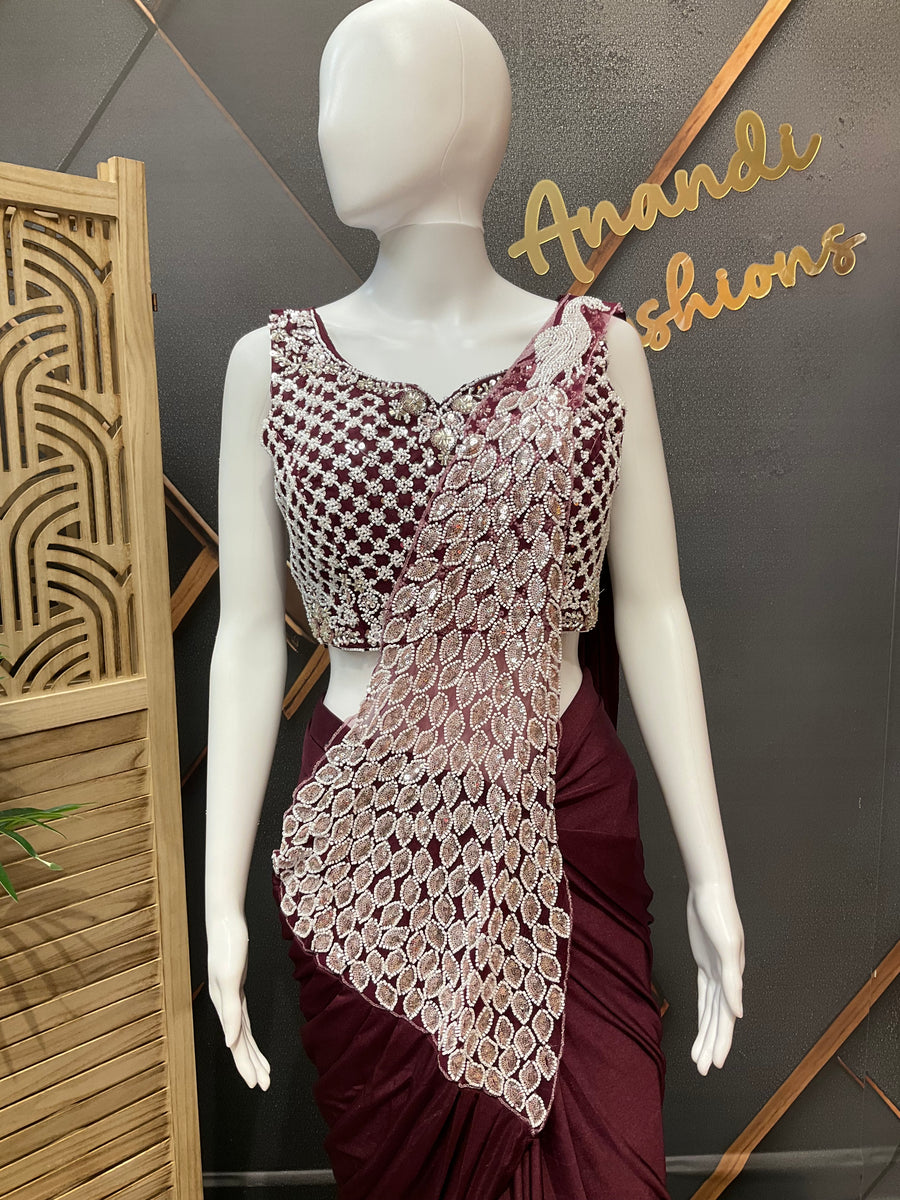 Wine color Ready to wear saree