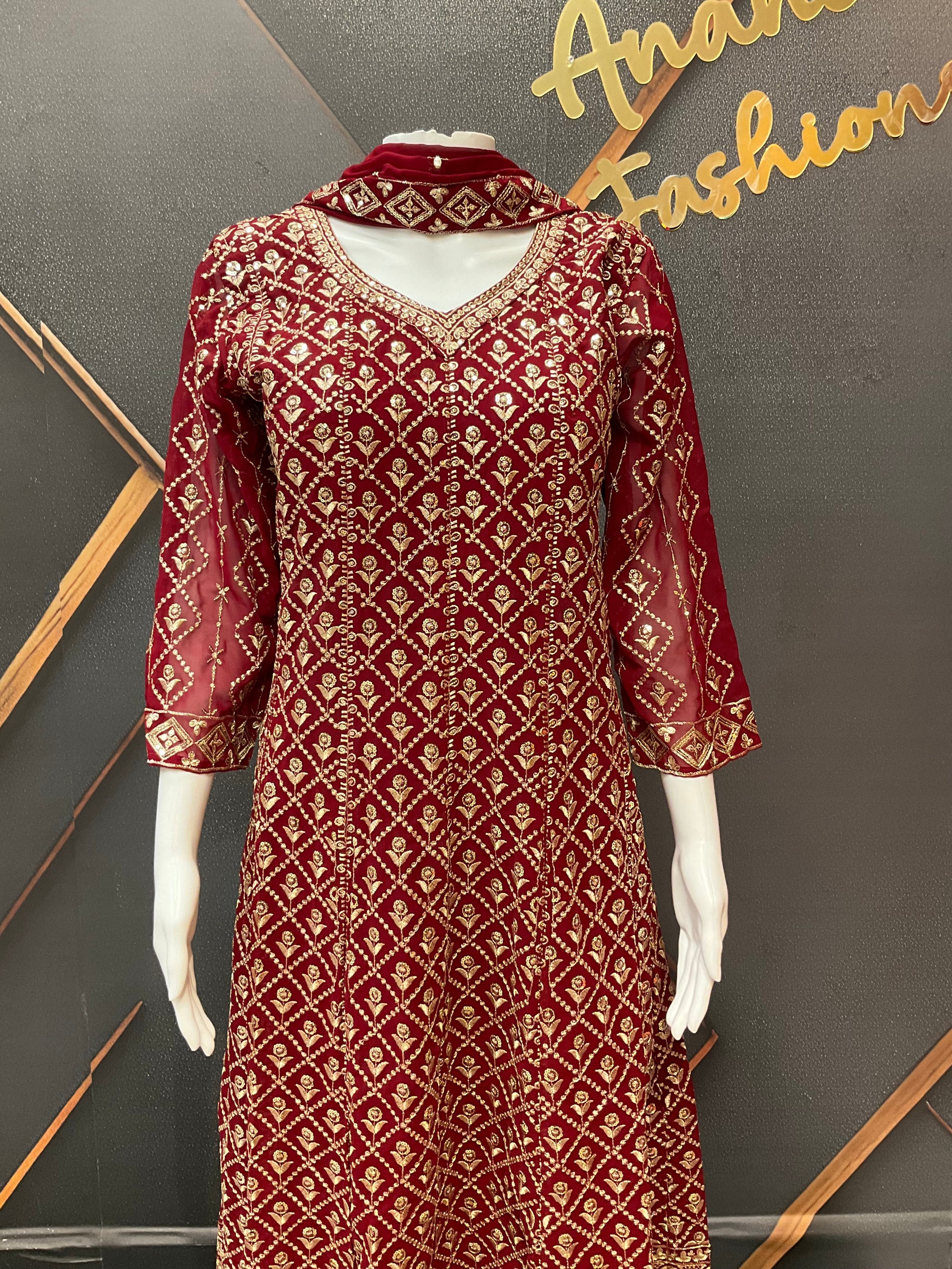 Maroon Georgette Anarkali Model Party Wear Kurti set