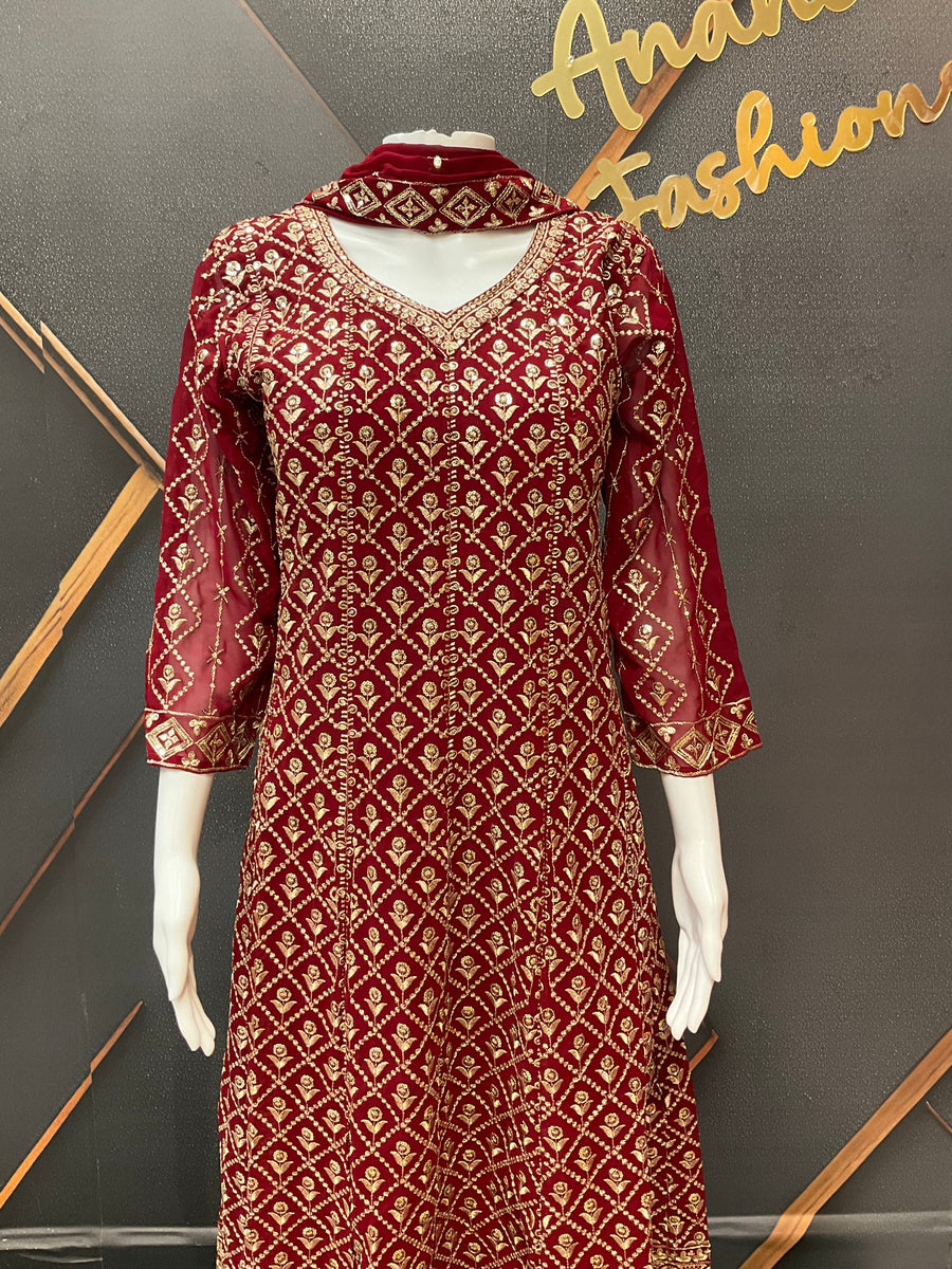 Maroon Georgette Anarkali Model Party Wear Kurti set