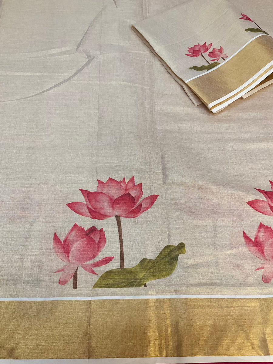 Kerala Set Mundu saree with Lotus Print