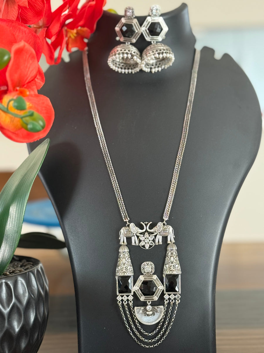 German Silver Long Necklace Chain with Black Stone Pendant