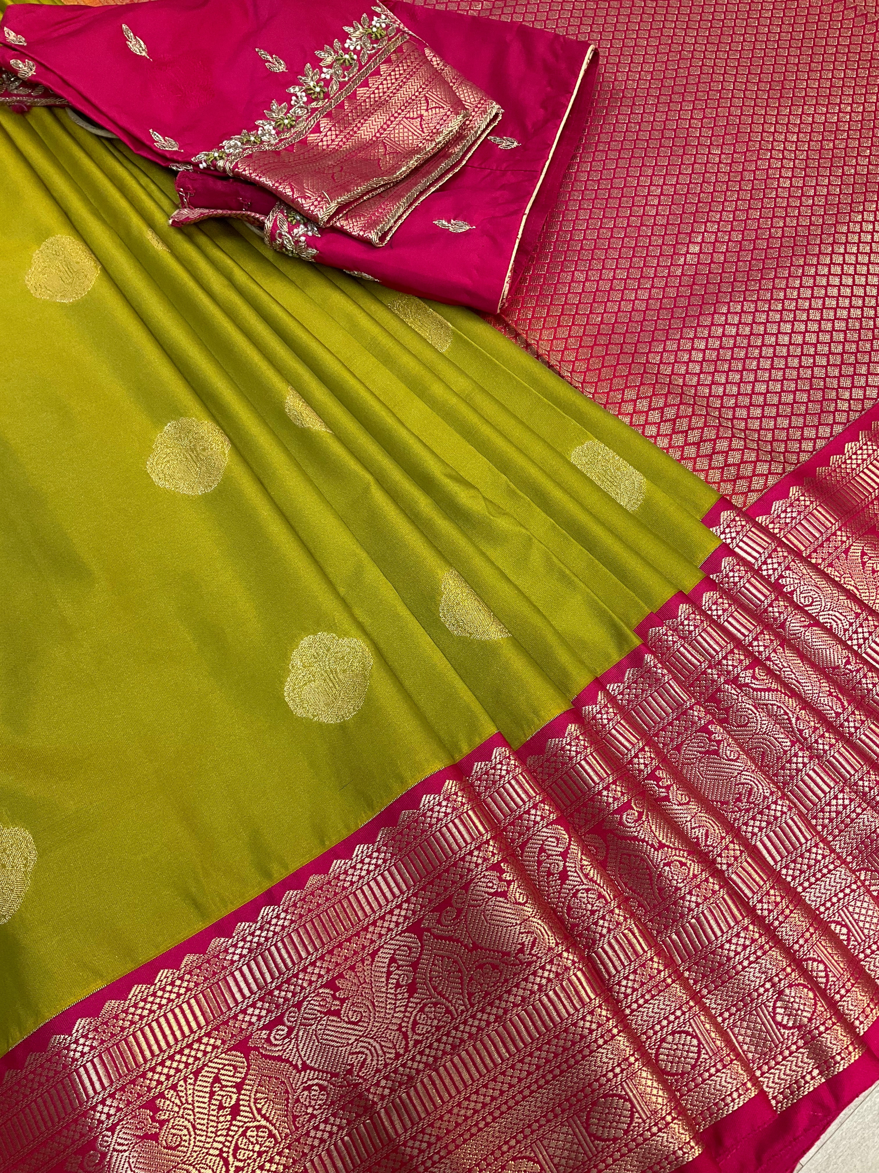 Mehandi green semi kanjeevaram Pattu/Silk saree with maggam work Stitched blouse- Fall Pico done