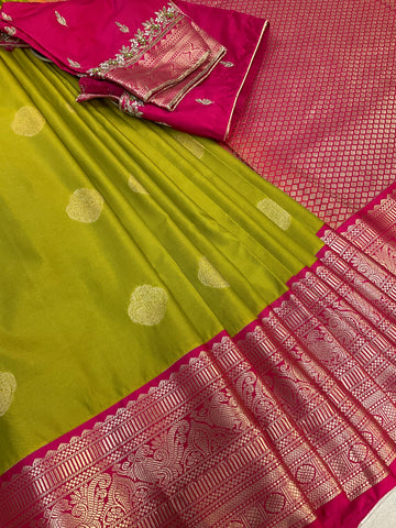 Mehandi green semi kanjeevaram Pattu/Silk saree with maggam work Stitched blouse
