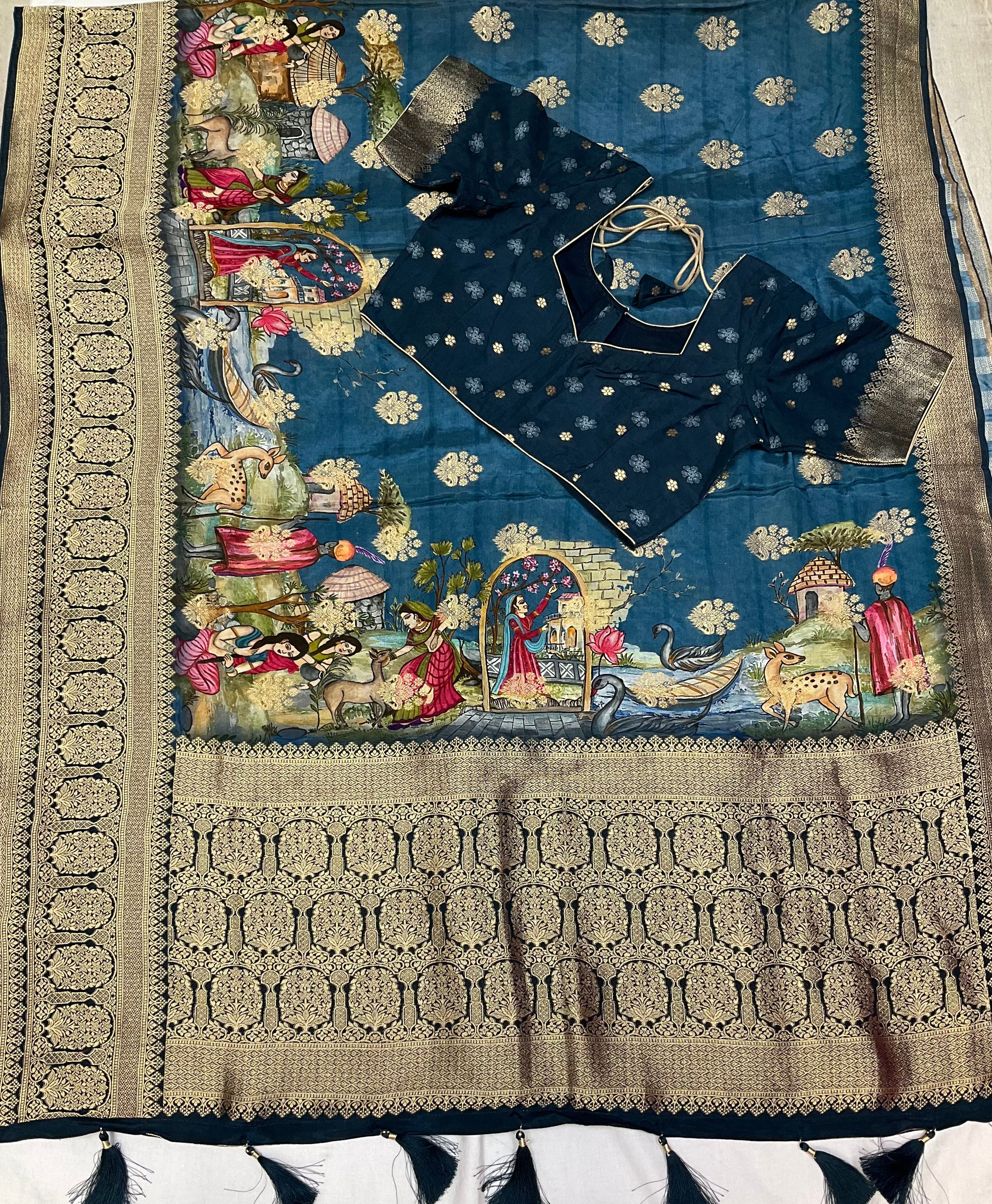 Teal blue Russian Silk saree with stitched blouse and fall pico done