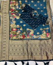 Teal blue Russian Silk saree with stitched blouse