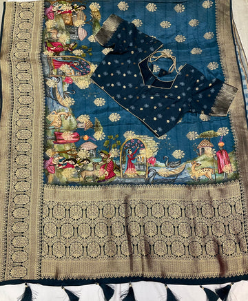 Teal blue Russian Silk saree with stitched blouse