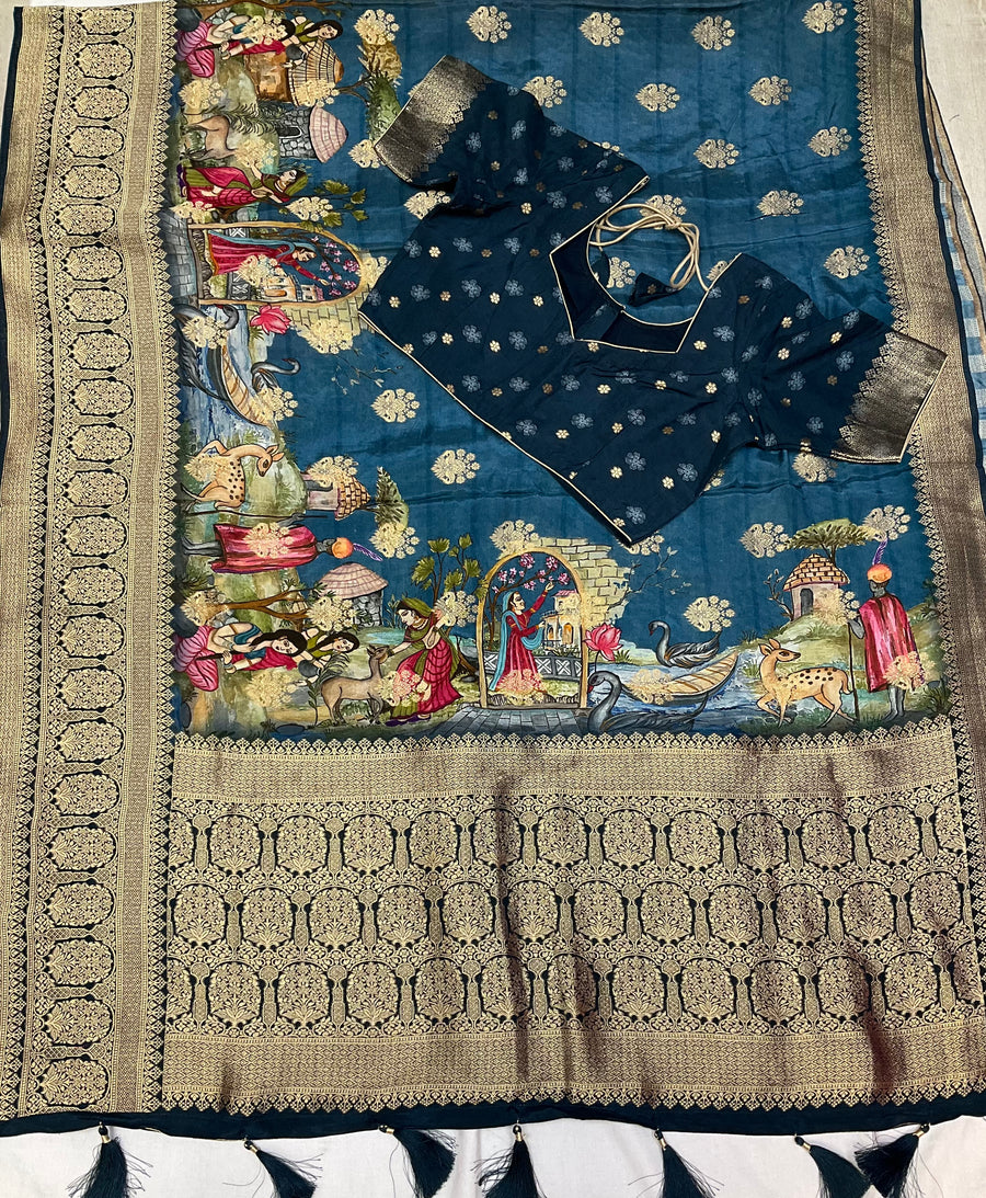 Teal blue Russian Silk saree with stitched blouse