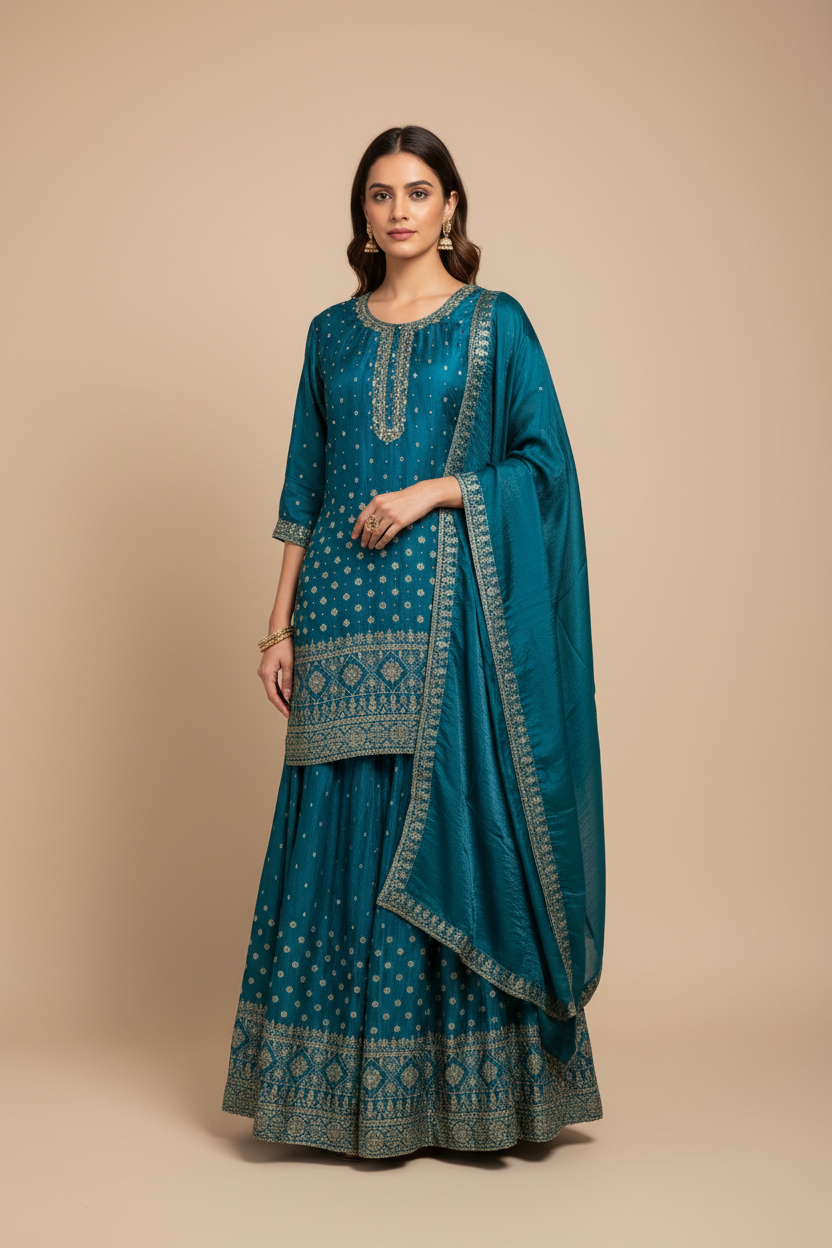Plus Size  Rama Blue Lehenga with Long Blouse