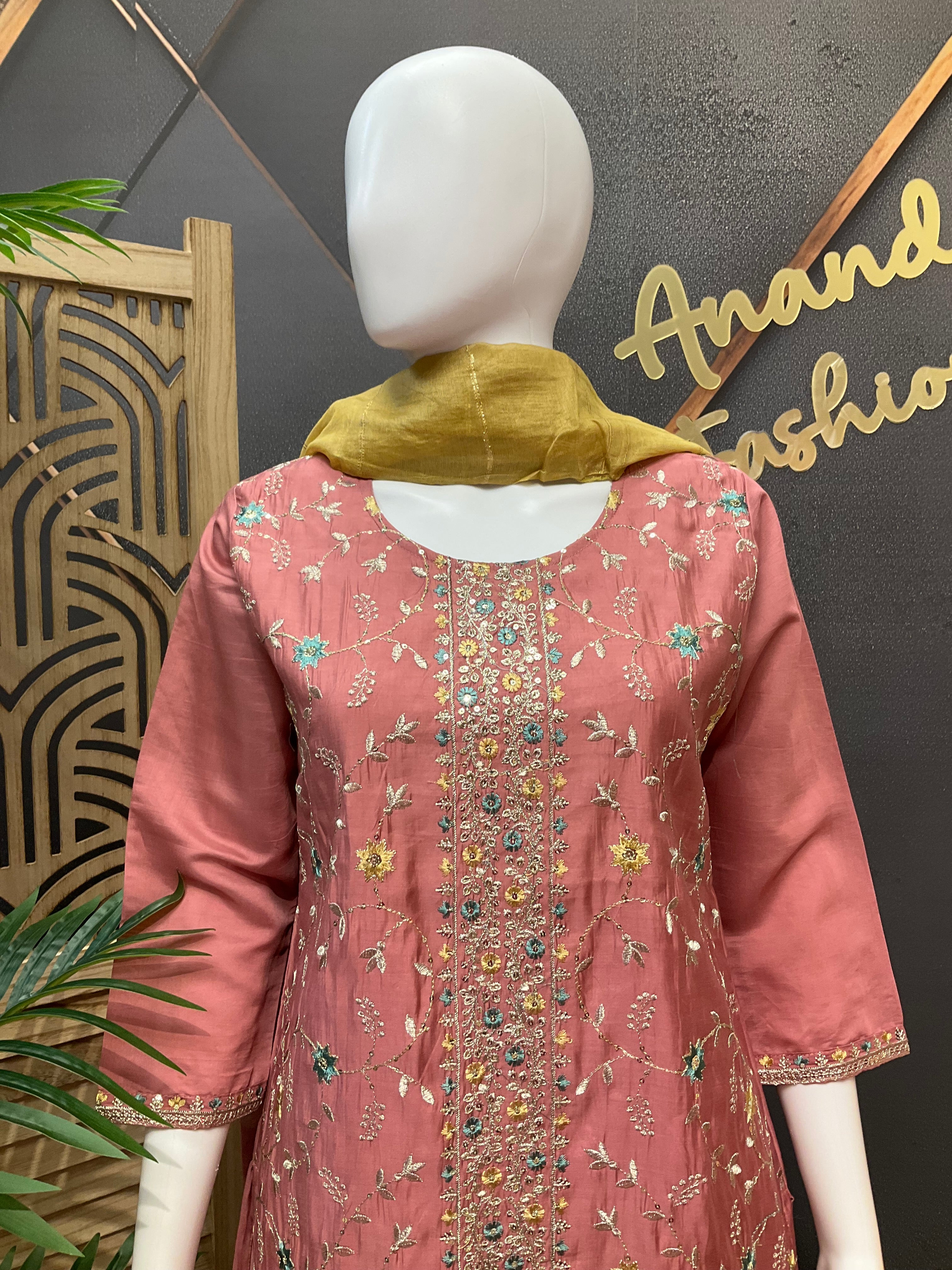 Onion pink Embroidery Work kurti set