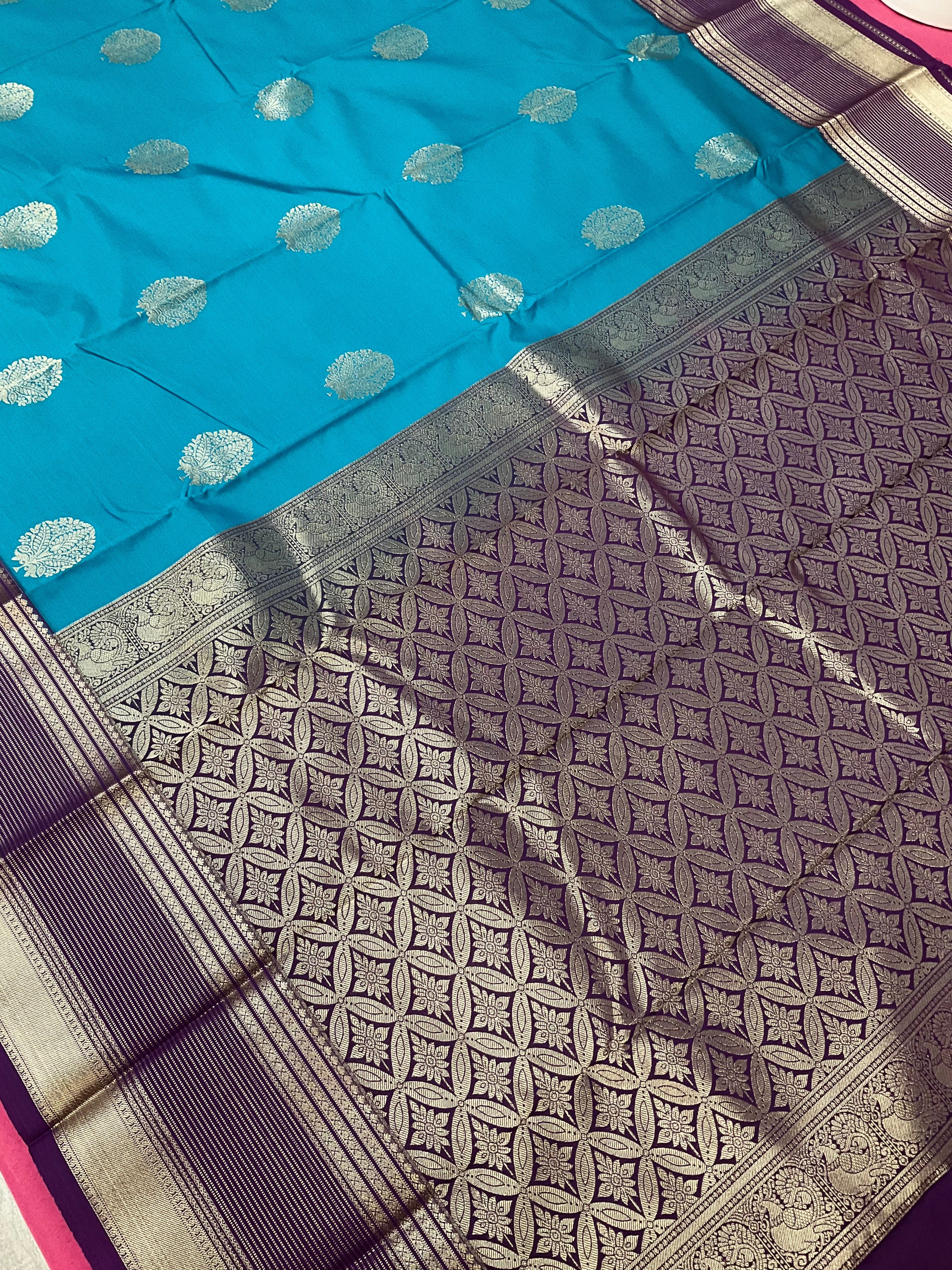 Blue Semi Kanjeevaram Silk Saree with Vintage Border