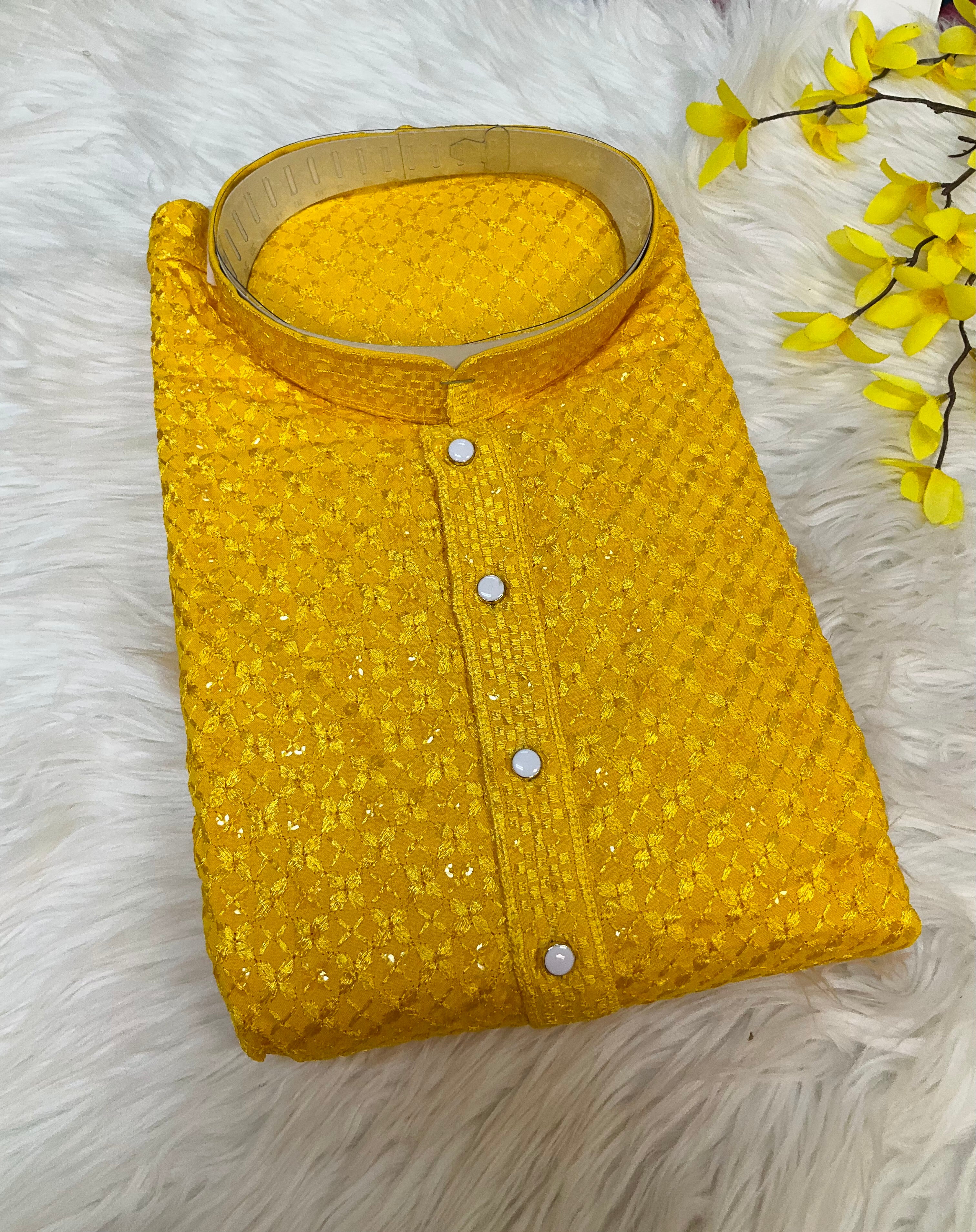 Men’s Yellow Rayon Chikankari Kurta Set – Plus Size
