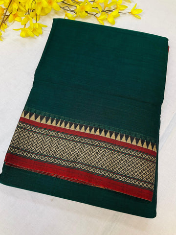 Green Narayanpet Pure Cotton Saree - Maroon Border with Temple Design