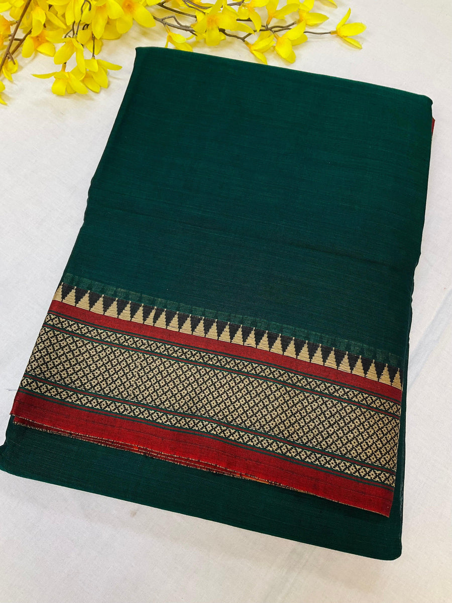 Green Narayanpet Pure Cotton Saree - Maroon Border with Temple Design