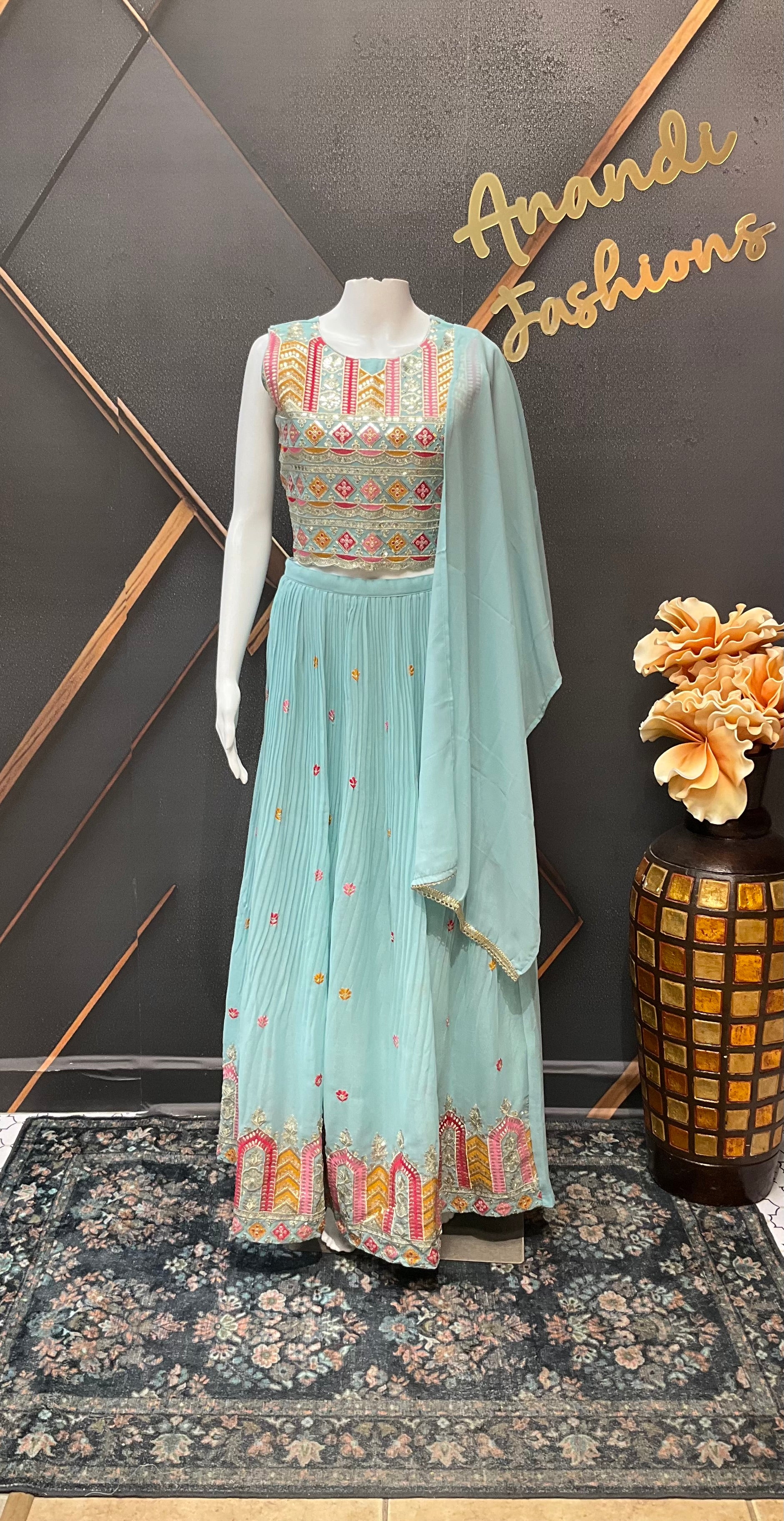 Teenage Girls Blue Georgette Lehenga Set