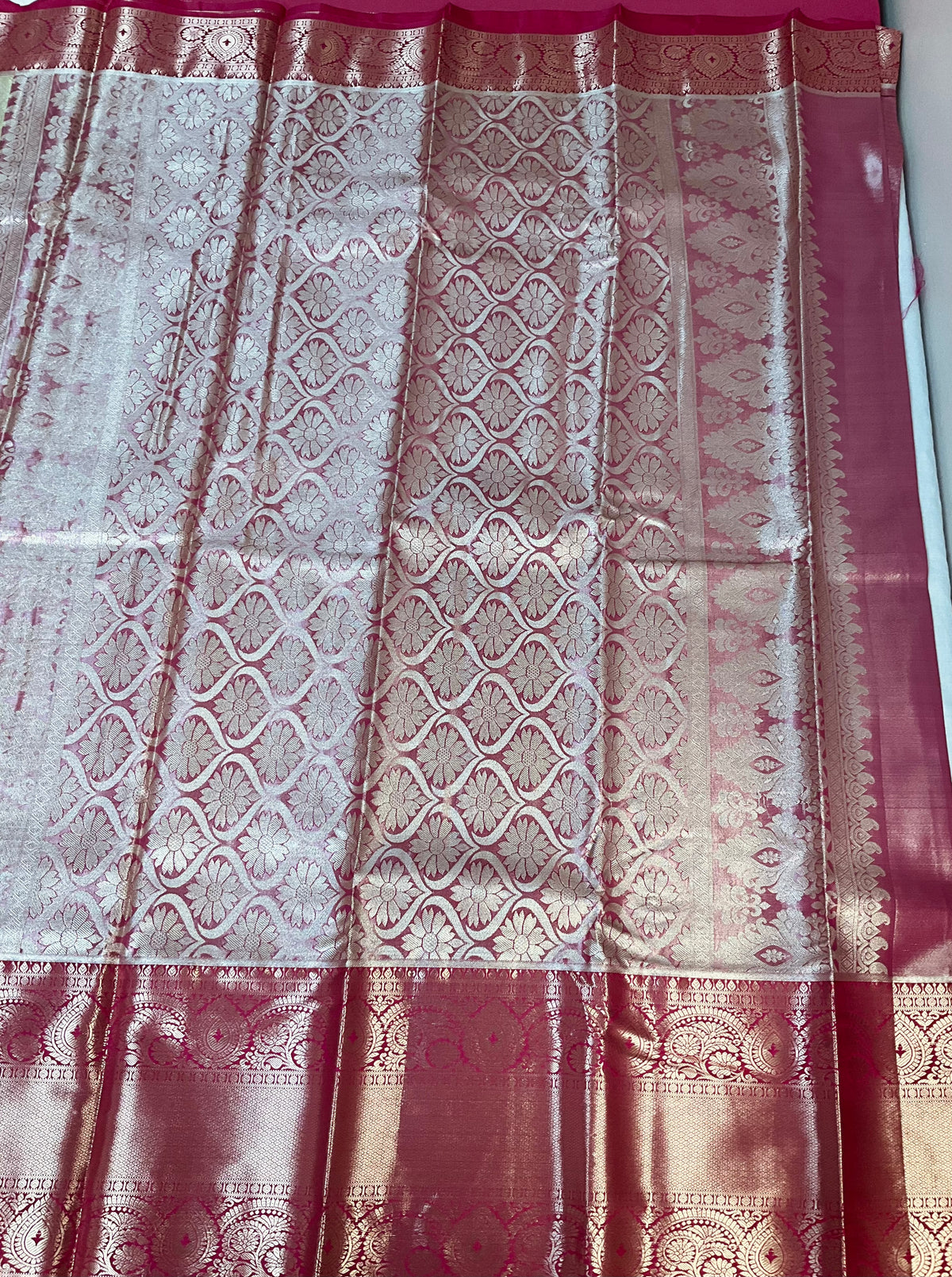 Semi Silk Beige/ Gold & pink Border Saree