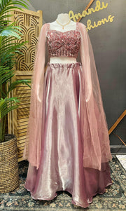 Fancy Satin Silk Lehenga Choli Set - Long Sleeves Party Wear