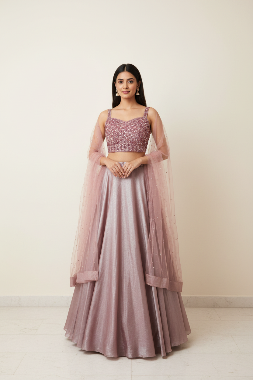 Fancy Satin Silk Lehenga Choli Set with Long Sleeves - 2 Piece Party Wear