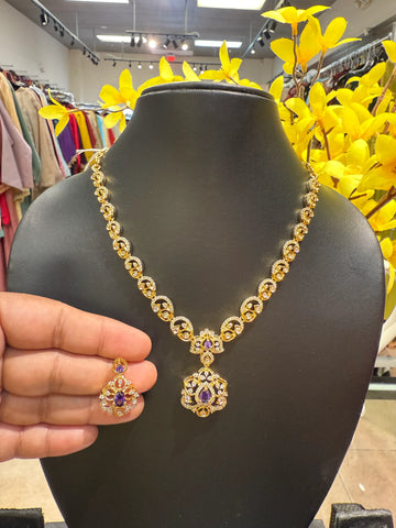 MicroGold Polish CZ Necklace set with Purple stone
