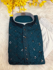 Peacock Blue Rayon Chikankari Men’s wear Kurta set