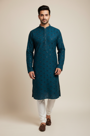 Peacock Blue Rayon Chikankari Men’s wear Kurta set