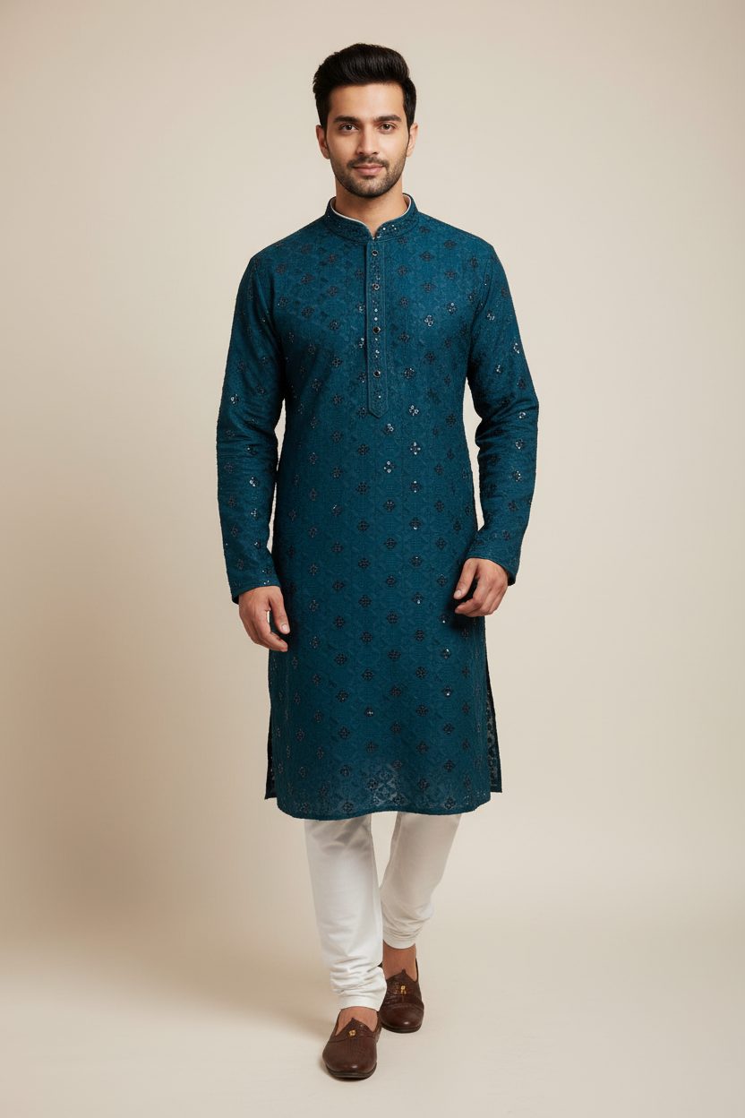 Peacock Blue Rayon Chikankari Men’s wear Kurta set