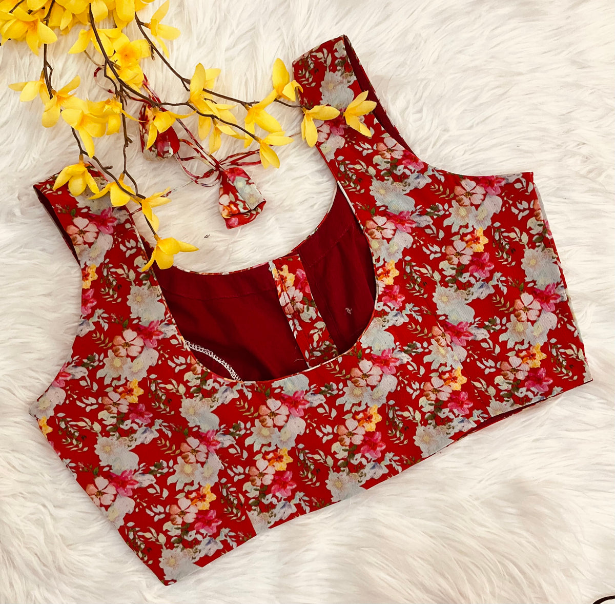 Designer -Red Chinnon floral saree with Sleeveless Blouse