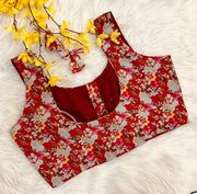 Designer Red Chinnon Floral with Sleeveless Blouse Saree