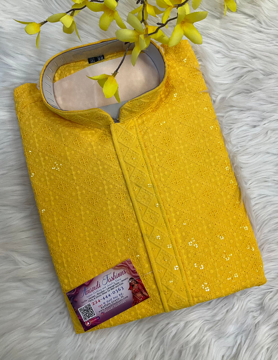 Men’s Yellow Chikankari Sequin Kurta Set