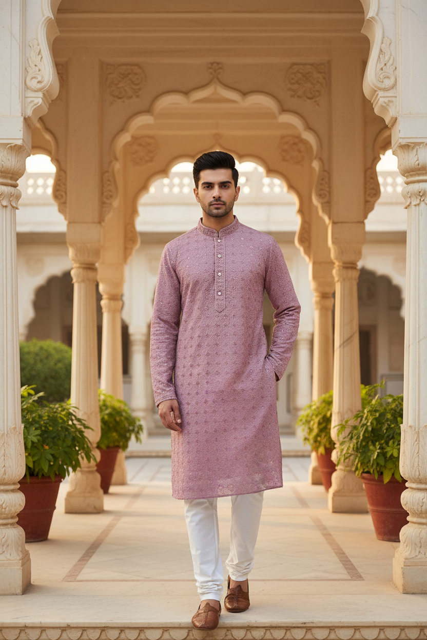 Men’s Onion Pink Chikankari Kurta Set – Plus Size