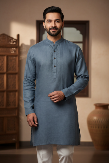 Plus size - Men's cotton kurta set in grey color