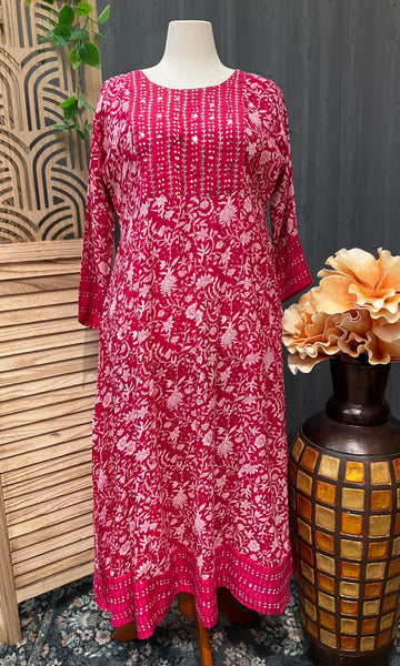 Plus Size Pure Cotton Anarkali Kurti - Floral Print Ethnic Wear
