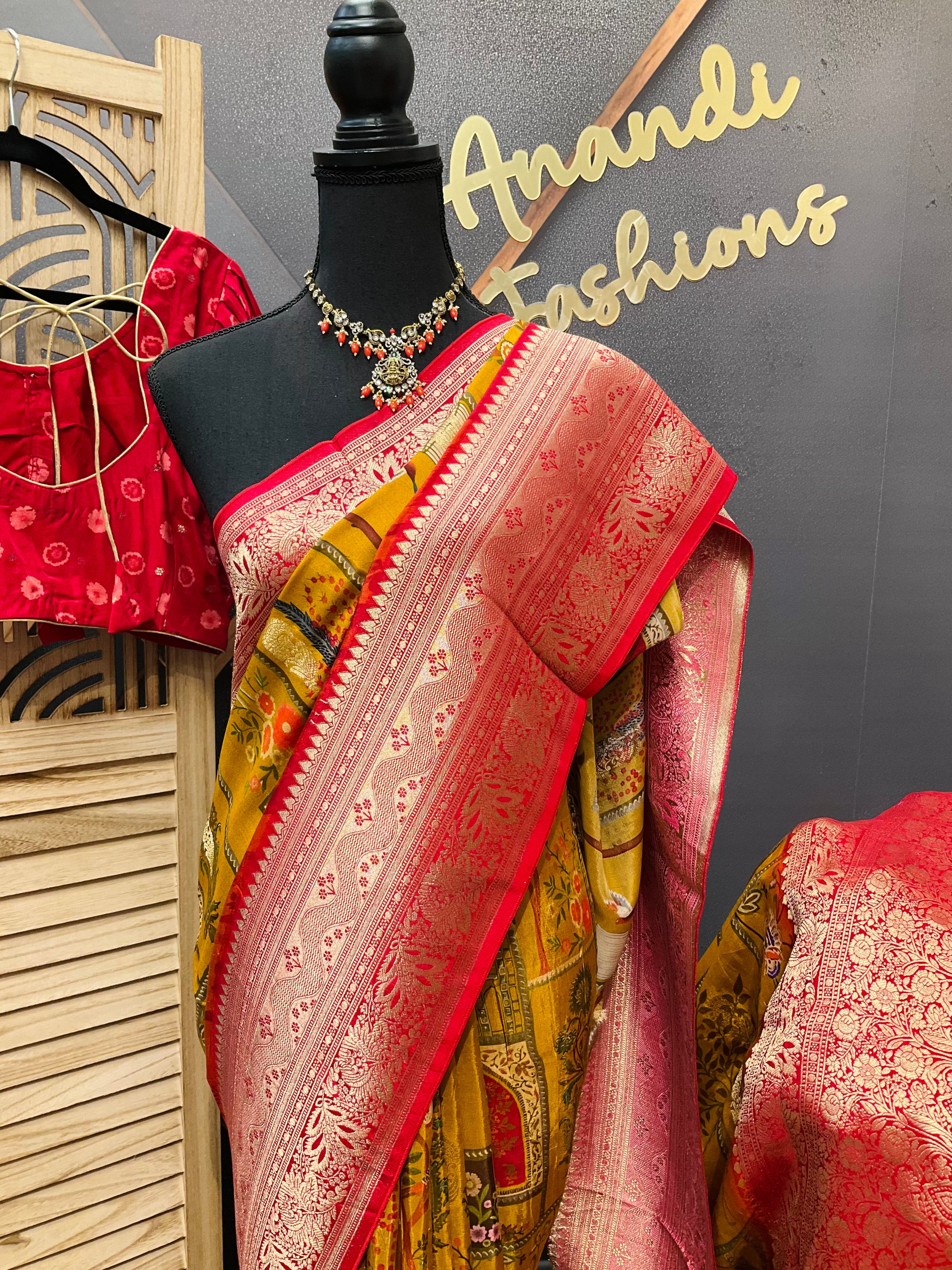 Unique Pattern - Mustard yellow Russian Silk saree  with Stitched Blouse - fall pico done