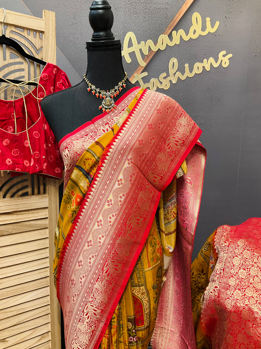 Unique Pattern - Mustard yellow Russian Silk saree with Stitched Blouse