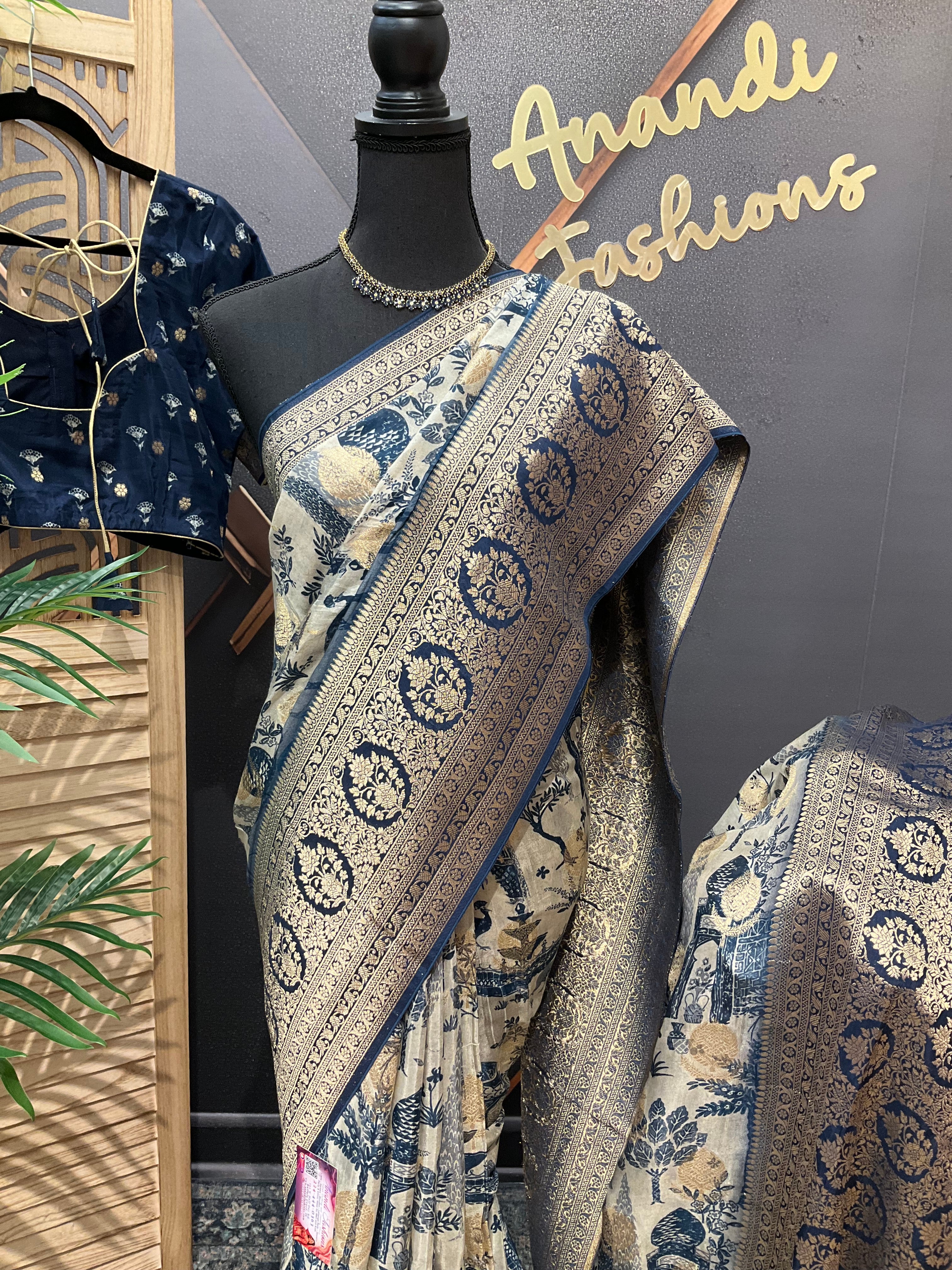 Unique Designer Russian Silk Saree with Stitched blouse - fall pico done