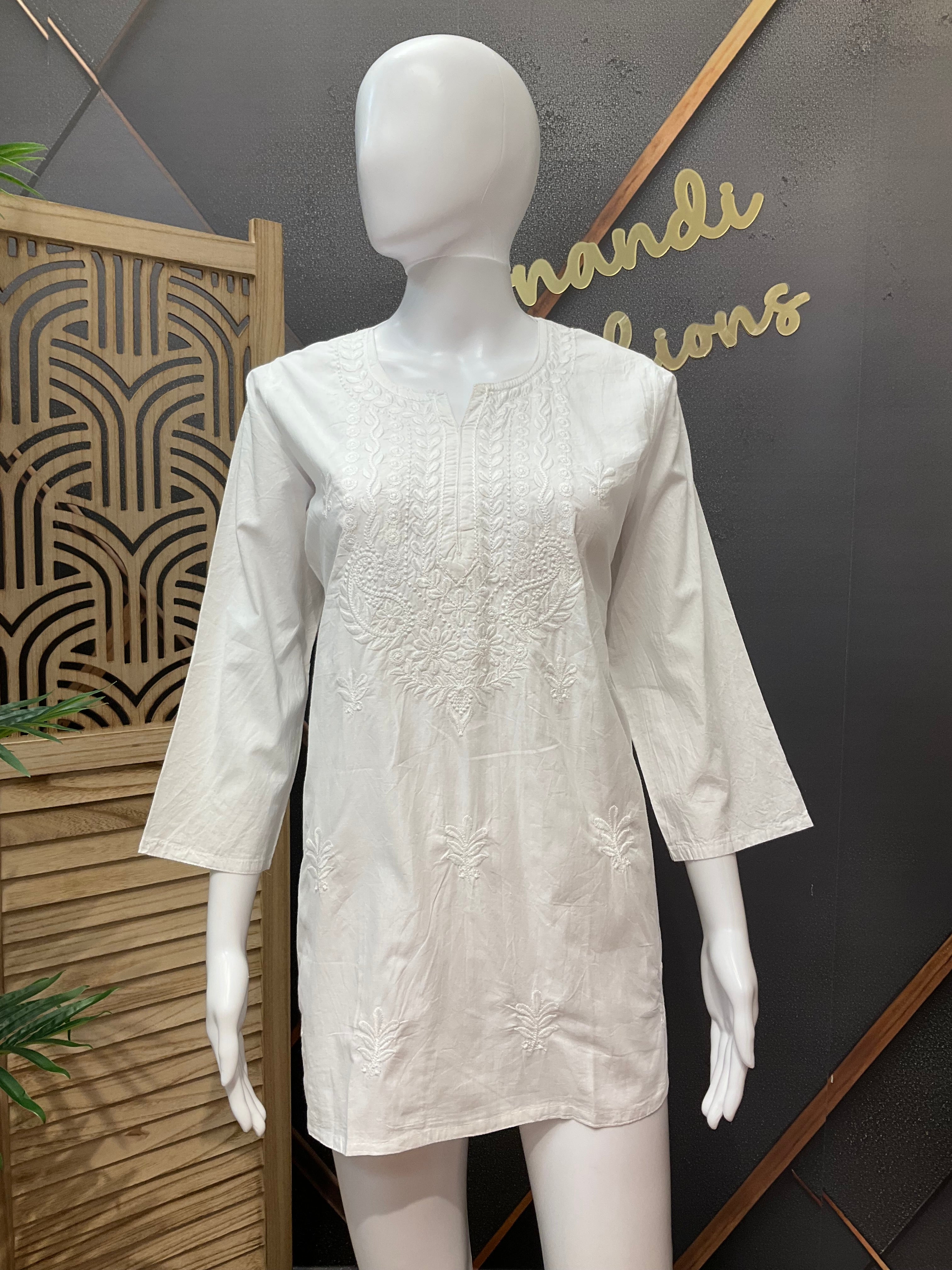Pure Cotton White Chikankari Short Kurti - Design 2